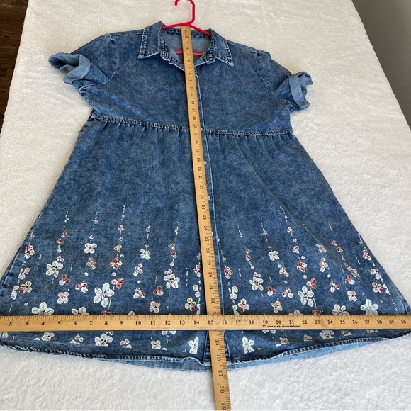Denim Knee Length Dress Women Floral Short Sleeve Large Button Up Chambray - Picture 7 of 9